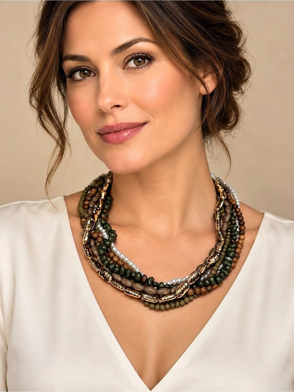 Olive & Gold Multi-Strand Necklace with Wood Beads, Crystals & Pearls